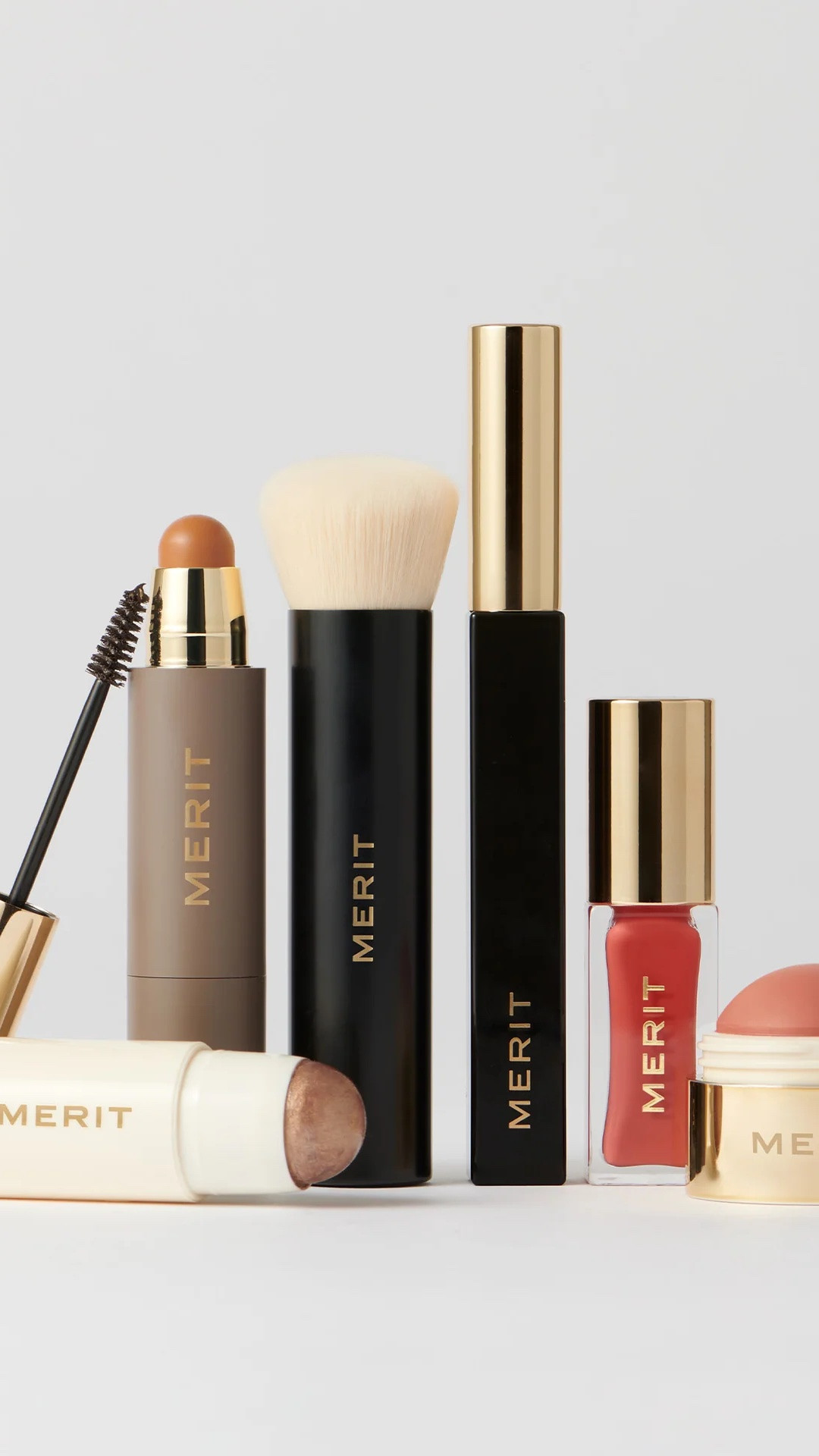 Restock from @Merit! I wear their makeup every single day and cannot recommend it enough. It wears beautifully and lasts all day. 

My colors: 
- Flush Balm: Stockholm 
- The Uniform (tinted sunscreen): #25
- Bronze Balm: Seine
- Day Glow: Bounce
- Clean Volume Mascara: Black