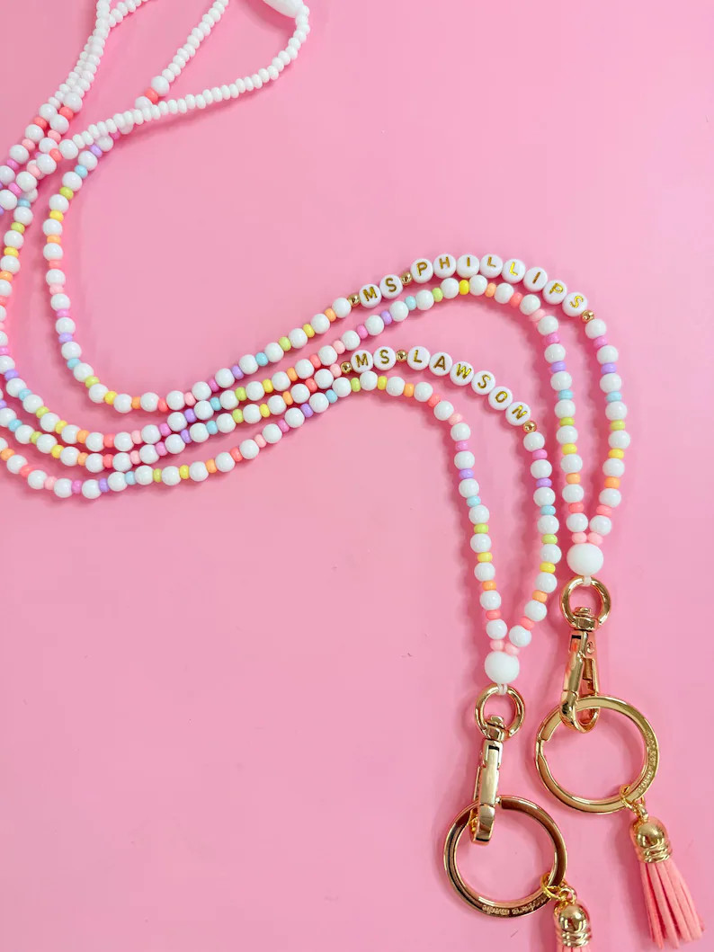 Personalized Rainbow + White Beaded Teacher Lanyard: Glass & Acrylic Beads, Breakaway Clasp - Ets... | Etsy (US)