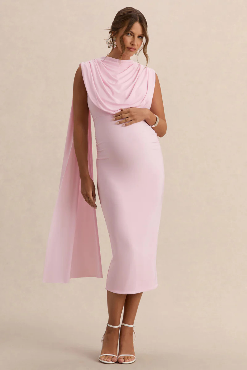 Milaine  Light Pink Round-Neck Maternity Midi Dress With Cape Sleeves | Club L London