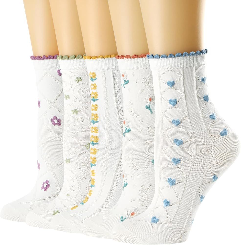 albagu Womens Crew Socks Casual Cotton Cute Socks Fun Novelty Girl Thin Dress Floral Ankle Socks ... | Amazon (US)