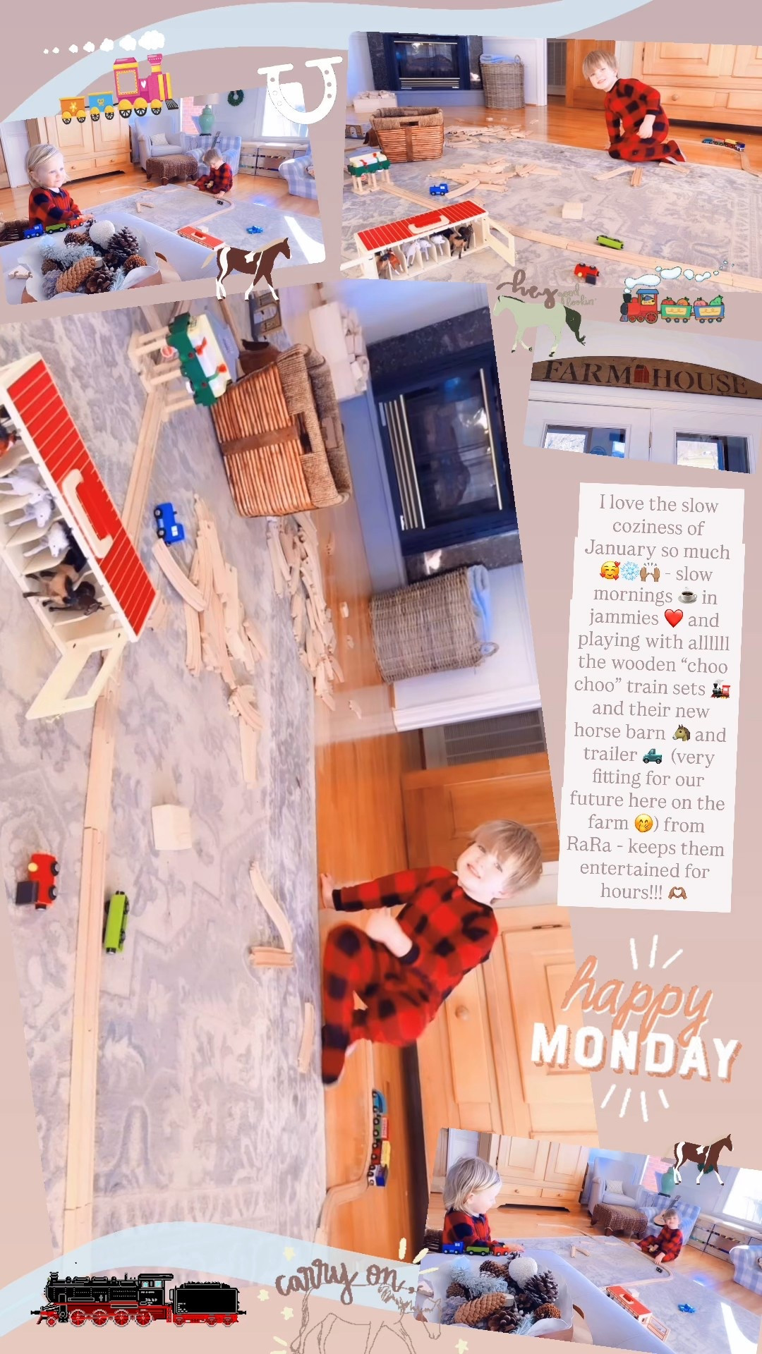 I love the slow coziness of January so much 🥰❄️🙌🏽 - slow mornings ☕️ in jammies ❤️ and playing with allllll the wooden “choo choo” train sets 🚂 and their new horse barn 🐴 and trailer 🛻  (very fitting for our future here on the farm 🤭) from RaRa - keeps them entertained for hours!!! 🫶🏽