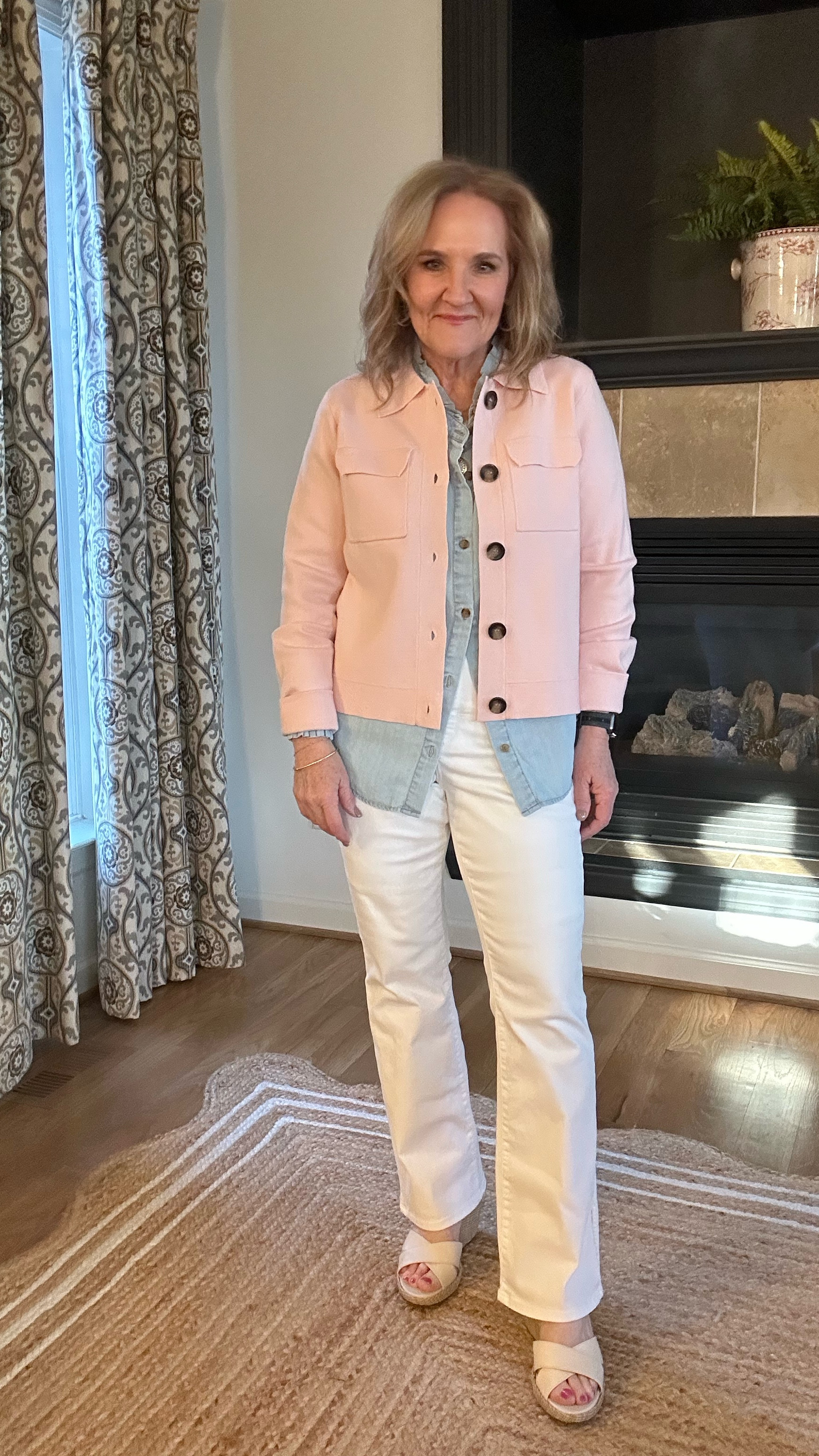 Cardigan and blouse size medium 
White denim with subtle flare and slit size 8 
Shoes are also the rack! A wedge heel. 


Pink sweater ballet pink white mini flare jeans chambray blouse 

#LTKSeasonal #LTKOver40 #LTKFindsUnder50