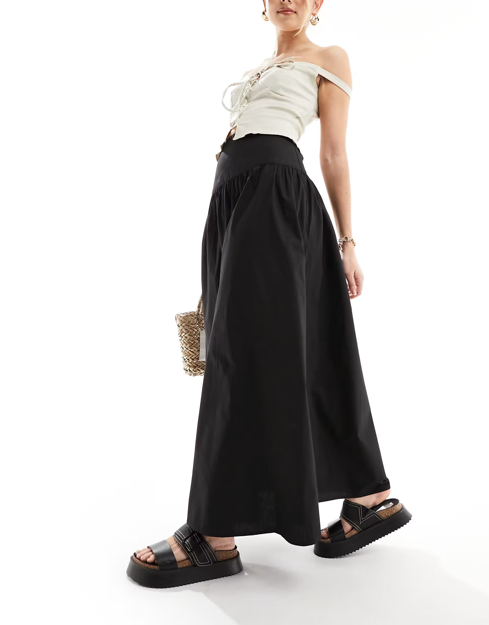 ASOS DESIGN dropped waist cotton poplin maxi skirt in black | ASOS | ASOS (Global)