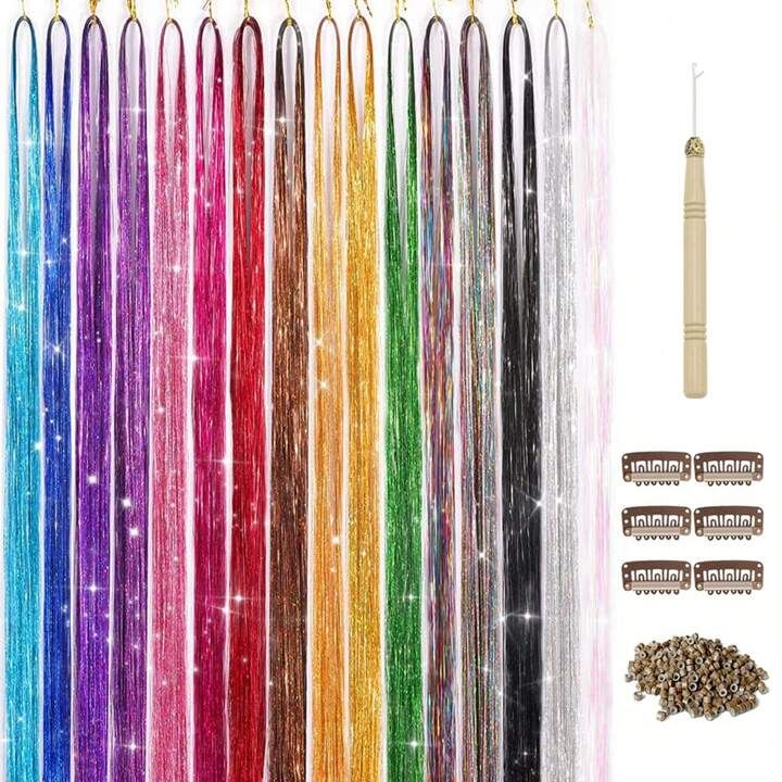 Hair Tinsel Kit, Colourful Fairy Tinsel Hair Extensions Heat Resistant With 16/12 Color 48inch 32... | SHEIN