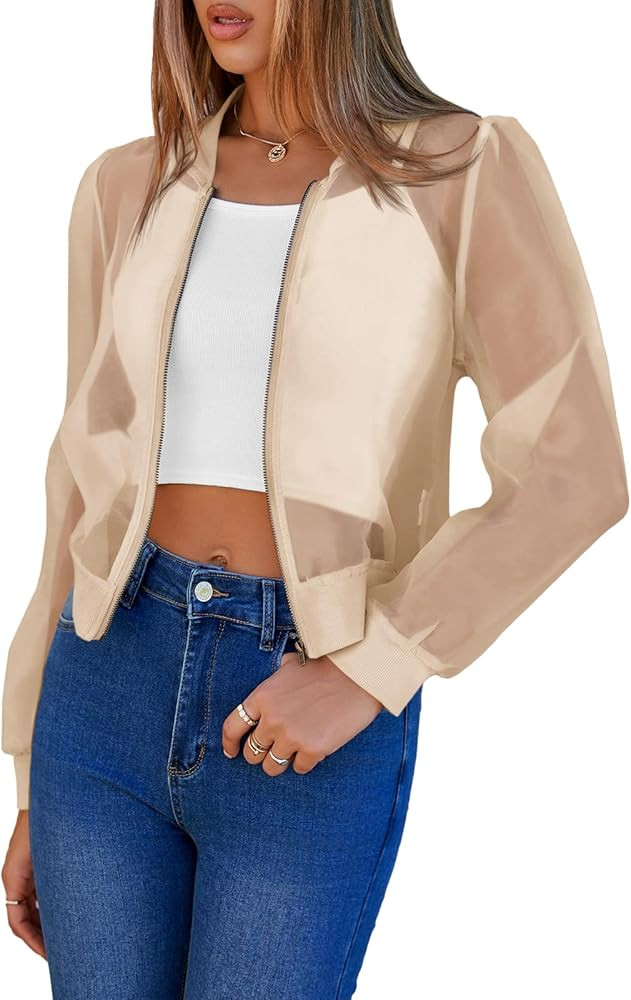 Fisoew Women's Crop Mesh Sheer Bomber Jackets Lightweight Long Sleeve Zip Up Jacket Outwear | Amazon (US)