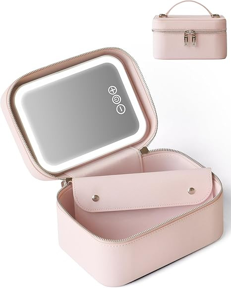 Popvibe Makeup Case with Mirror Lighted Up Travel Vanity Make Up Bag Set with Brush Storage, Pink... | Amazon (US)