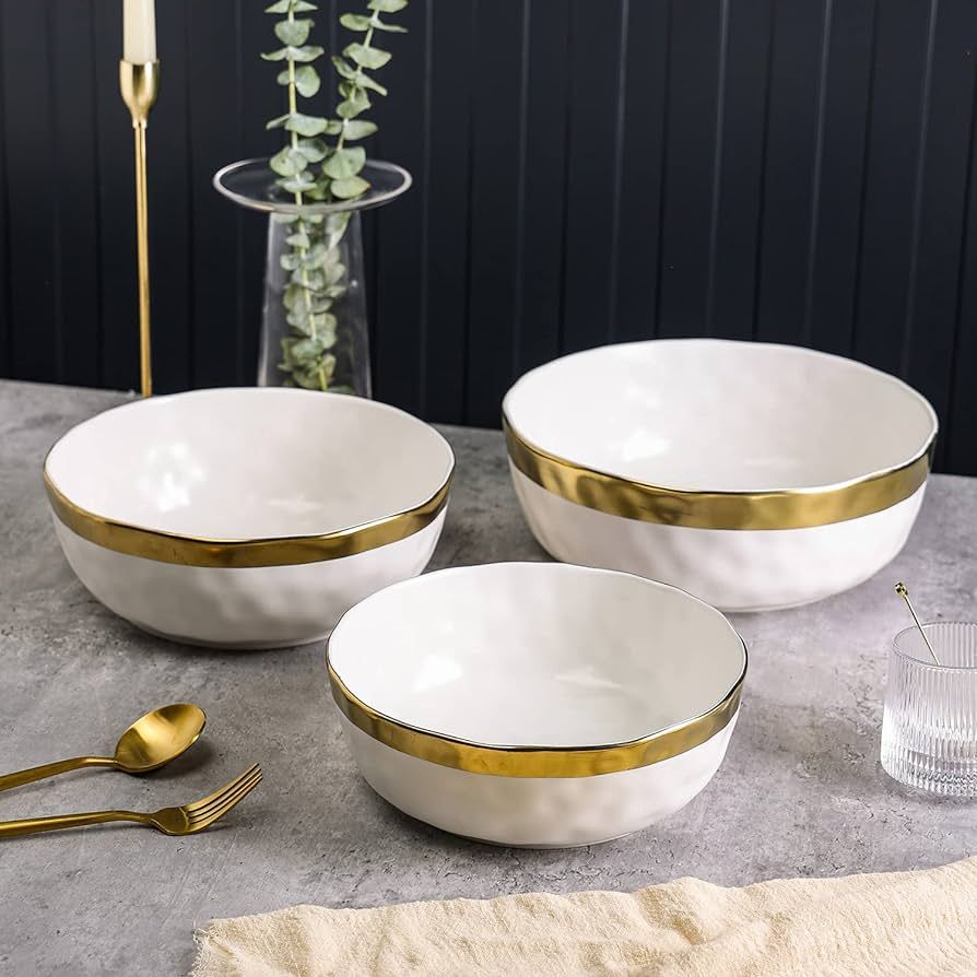 Stone Lain Florian Porcelain 3-Piece Round Bowl Service Set, White with Gold Rim | Amazon (US)