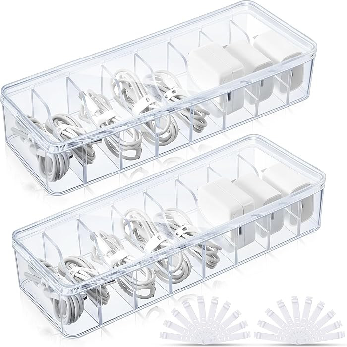 Tatuo 2 Pcs Cable Organizer Box with Wire Ties, Plastic Cord Storage Box with Lid, Electronics Or... | Amazon (US)