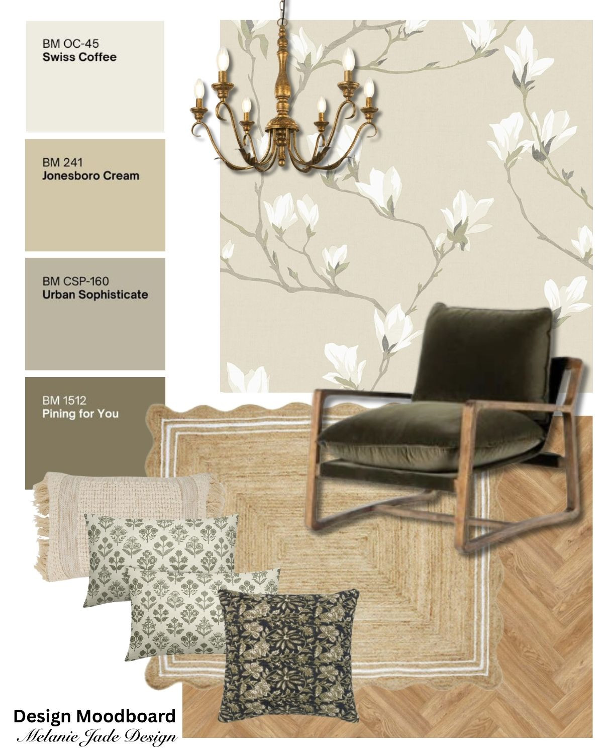 A very neutral palette with a pop of olive green in the chair. Use a neutral jute rug and brass metallic accents. Link to wallpaper >>> https://amzn.to/4kKUjEj 

 #LTKhome #LTKstyletip