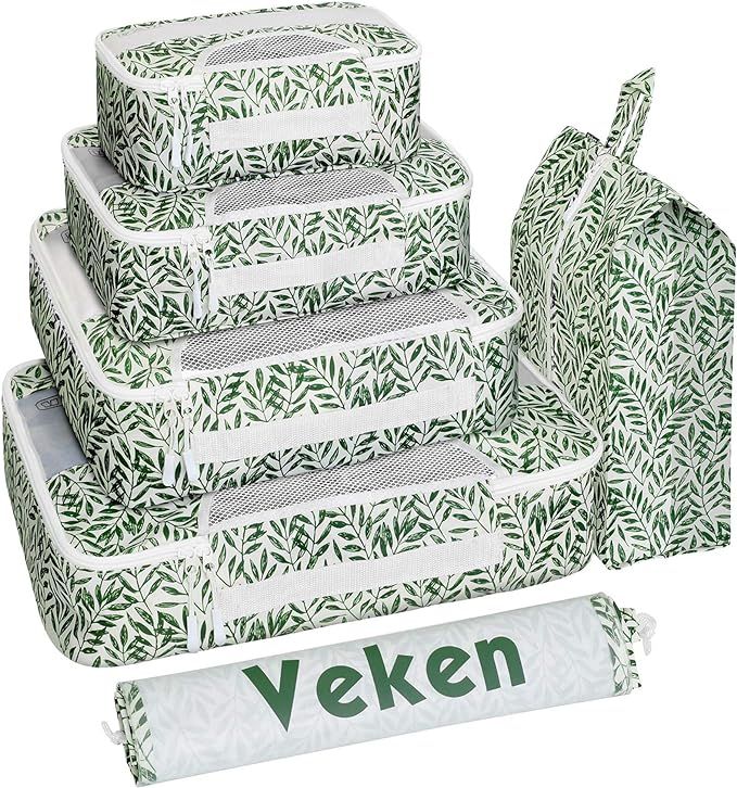 Veken 6 Set Packing Cubes, Travel Luggage Organizers with Laundry Bag Shoe Bag (Green Leaf) | Amazon (US)