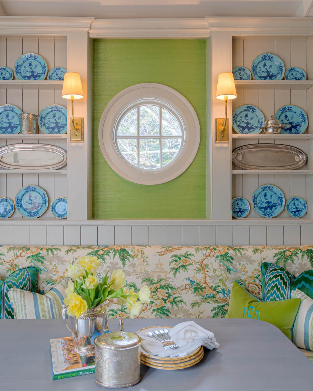 Draper One - Breakfast area as seen in Southern Sensibility. The plates are the blue colorway. The fireplace screen is also shown 