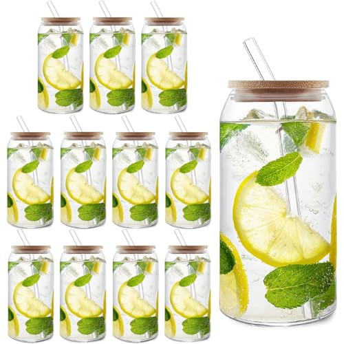 HOMBERKING Glass Cups with Bamboo Lids and Straws 12pcs Set, 20oz Can Shaped Glass Cups, Beer Glasses, Iced Coffee Cups, Cute Tumbler Cup with Cleaning Brushes, Ideal for Cocktail, Whiskey, Tea | Amazon (US)