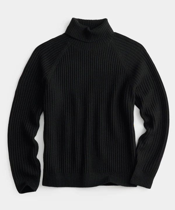 Fisherman Stitch Ribbed Turtleneck in Black | Todd Snyder