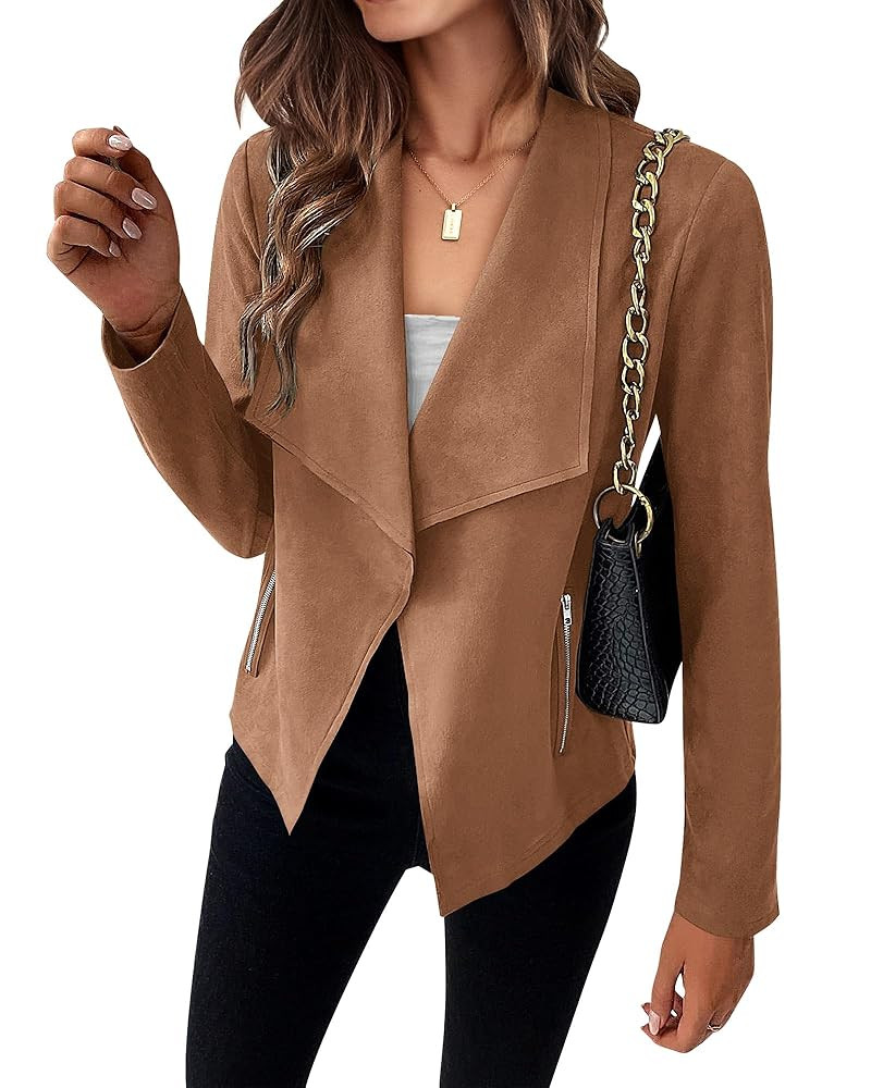 KIRUNDO Womens Fashion Faux Suede Jacket 2024 Fall Winter Casual Long Sleeve Open Front Bomber Cr... | Amazon (US)