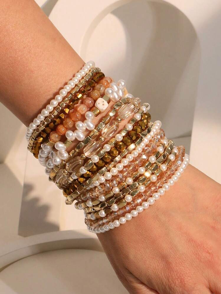 17pcs Vintage Baroque Pearl & Crystal Beads Bohemian Style Bracelet Set, Suitable For Women's Par... | SHEIN