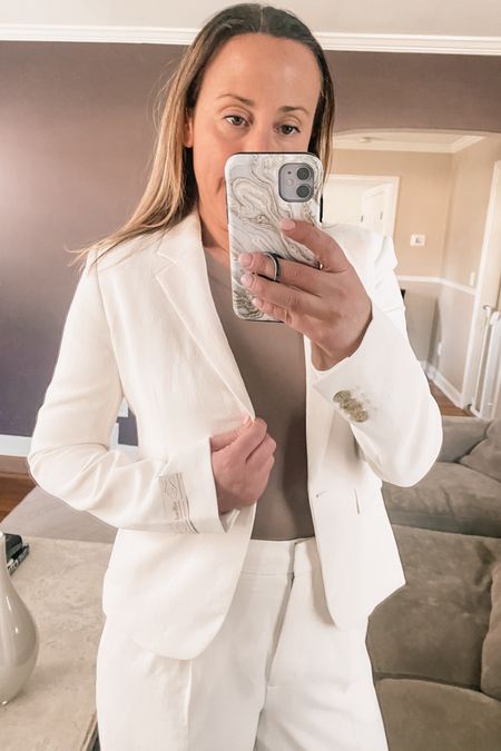 Another great option for a cream blazer. This one is a great light I’m right fabric. Matching pants. Great price under $300.  Paired it with one of my favorite bodysuits  

#LTKWorkwear #LTKOver40