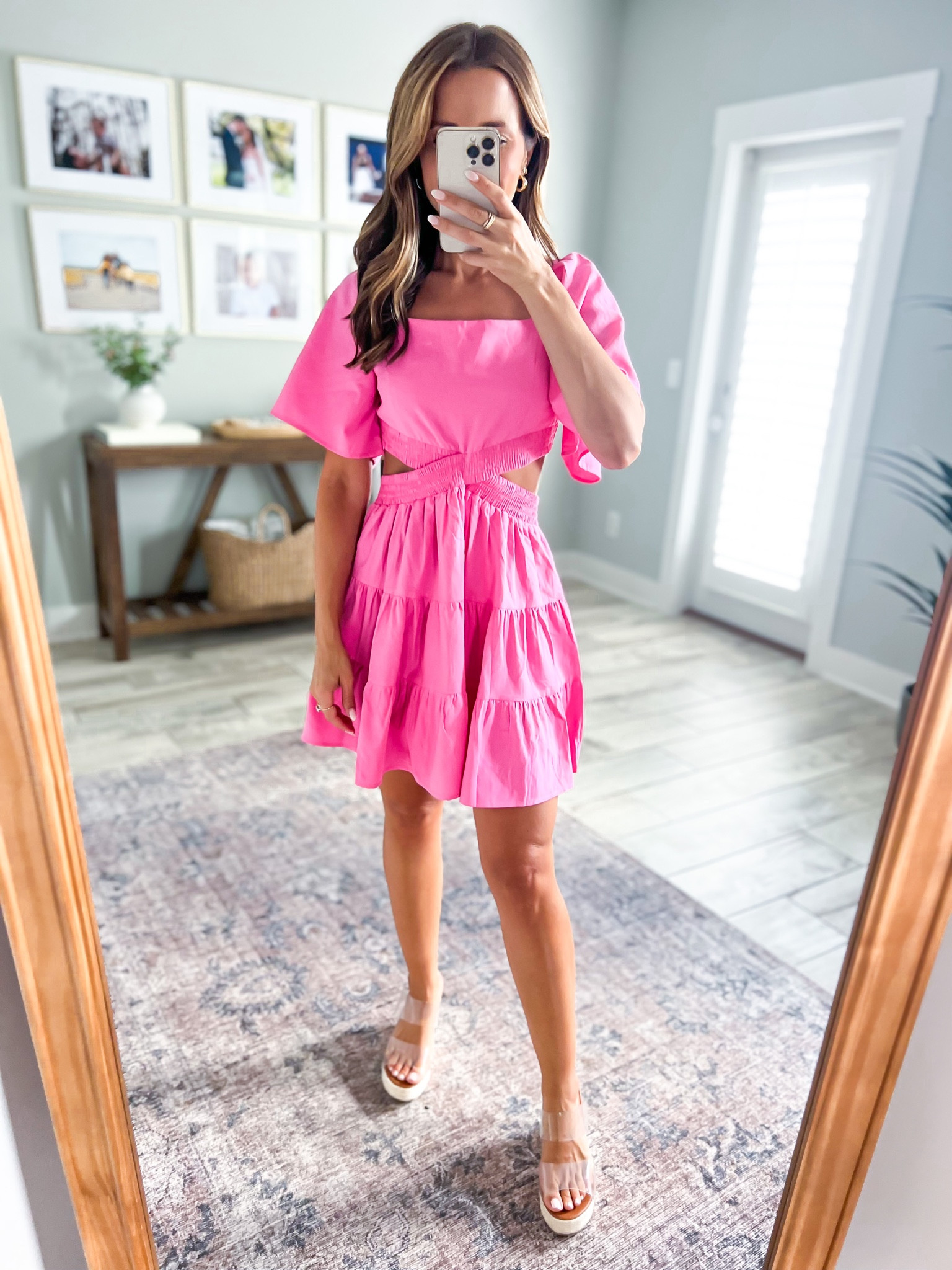 Amazon summer dress. Cut-out mini dress (small). Vacation outfit. Resort wear. Cruise outfit. Honeymoon outfit. Baby shower dress. Beach vacation.  Tropical vacation. Amazon clear wedges (TTS). Wearing small + a little big in the back on me. 

#LTKunder50 #LTKshoecrush #LTKtravel