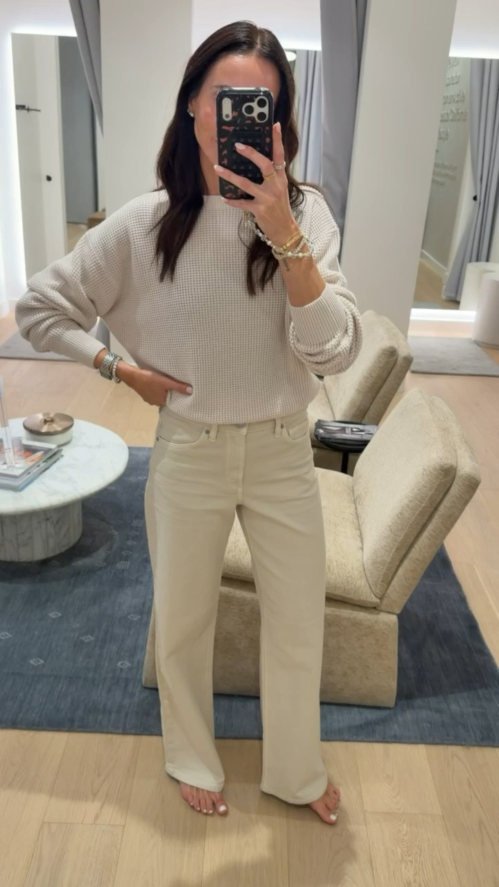 Vuori outfit ideas, Size 25 and 32 inch length in jeans, size extra small in waffle knit sweater.