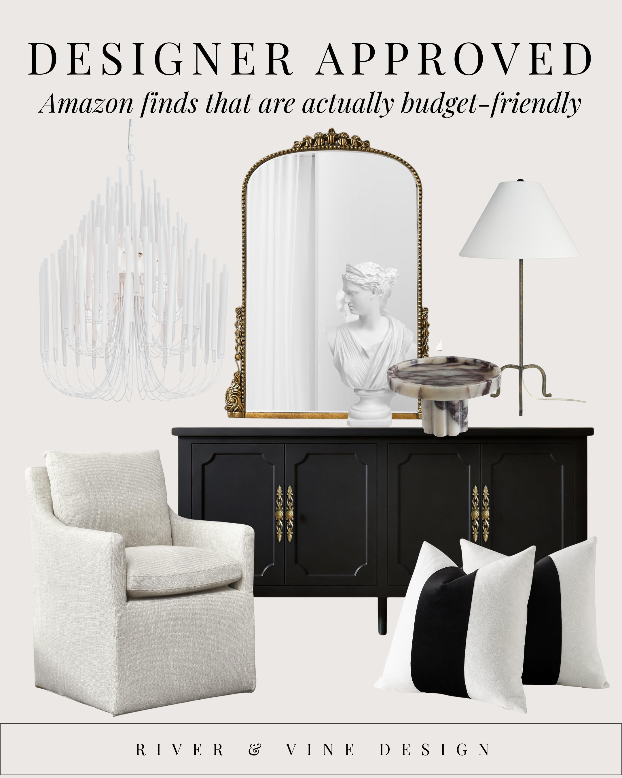 You don't always have to pay designer prices to get a designer look! Sharing some of my favorite Amazon finds that are actually super budget friendly! It's all about the neutral staple pieces, with trendier items layered on top that can be easily swapped out! 

#classicinteriors #designerlook #lookforless #contemporarychandelier #blackandwhitepillow #classicbustdecor #minimaltablelamp #brassgildedmirror 

 #LTKHome