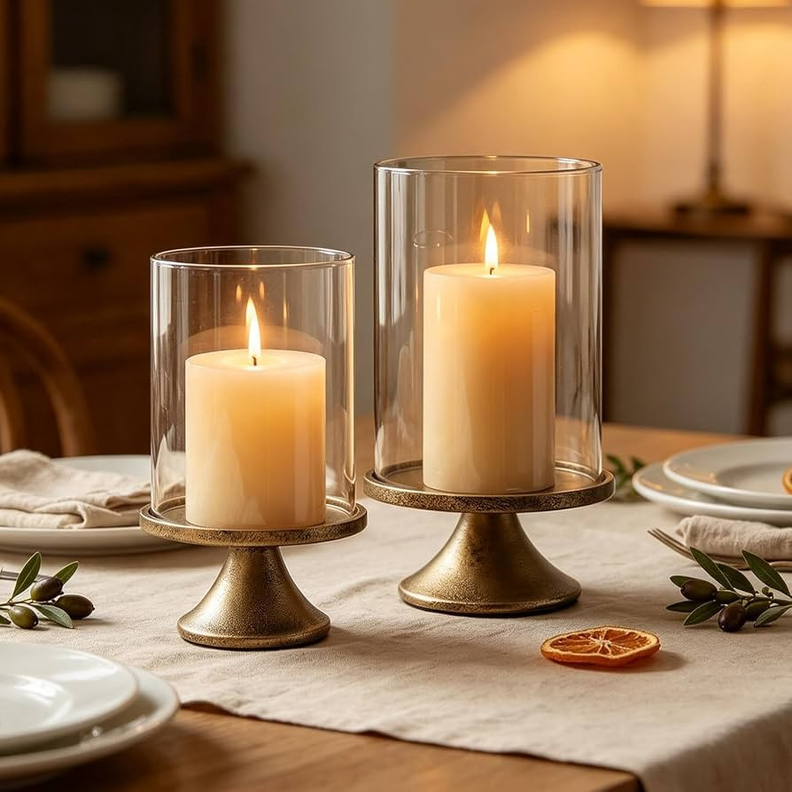 Hurricane Glass Candle Holders Set of 2, with Glass Dome and Iron Base, Vintage Decorative Pillar... | Amazon (US)