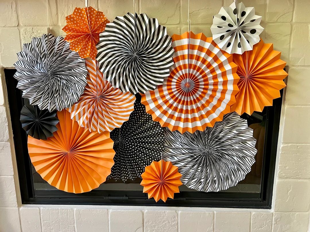 Halloween Party Decor orange and black halloween paper fan decor for party backdrop pinwheel deco... | Etsy (US)