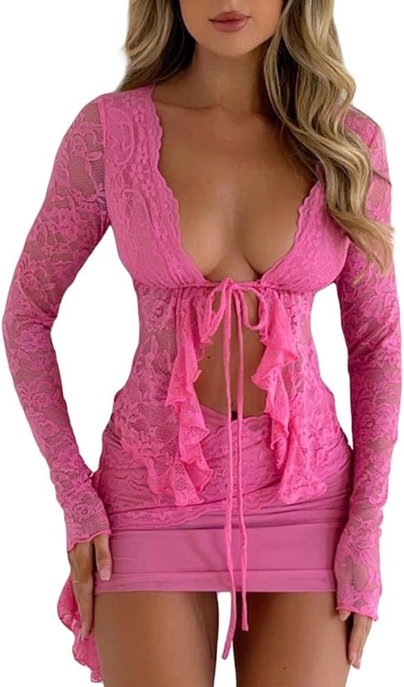 Linjianvhai Women Sexy 2 Piece Lace Skirt Sets See-Through Hollow Out Long Sleeve Top Bodycon Min... | Amazon (US)
