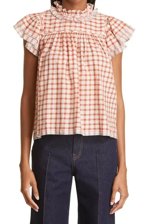 Ulla Johnson Arabel Gingham Print Ruffle Trim Cotton Blouse in Sunrise at Nordstrom, Size 6 | Nordstrom