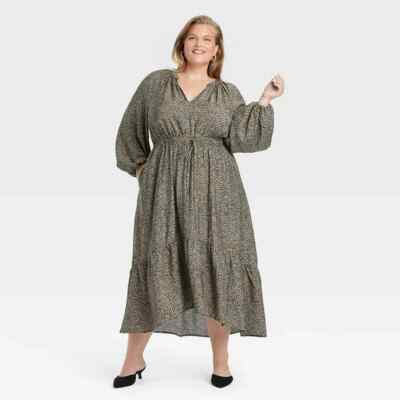 A New Day Leopard Print Balloon Long Sleeve Tiered Midi Dress Womens 4X NEW | eBay US