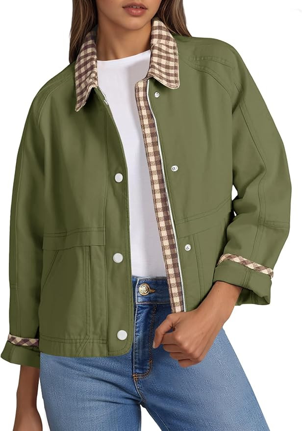 Tankaneo Womens Cropped Jacket Lightweight Casual Zip Up Barn Jackets Fall Contrast Plaid Outerwe... | Amazon (US)