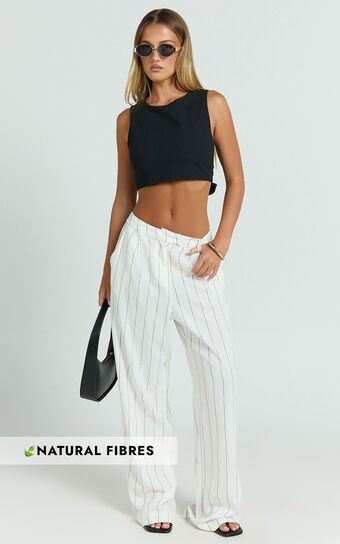 Trixie Pants - High Waist Linen Look Stripe Tailored Pants in Off White | Showpo (US, UK & Europe)
