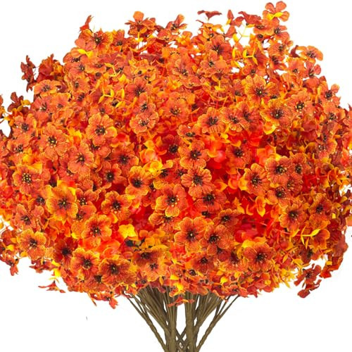 16 Bundles Artificial Fall Flowers for Outdoors Fake Plants UV Resistant Plastic Plants Shrubs Bushes for Home Fall Front Door Porch Garden Autumn Decor (Fall Orange) | Amazon (US)