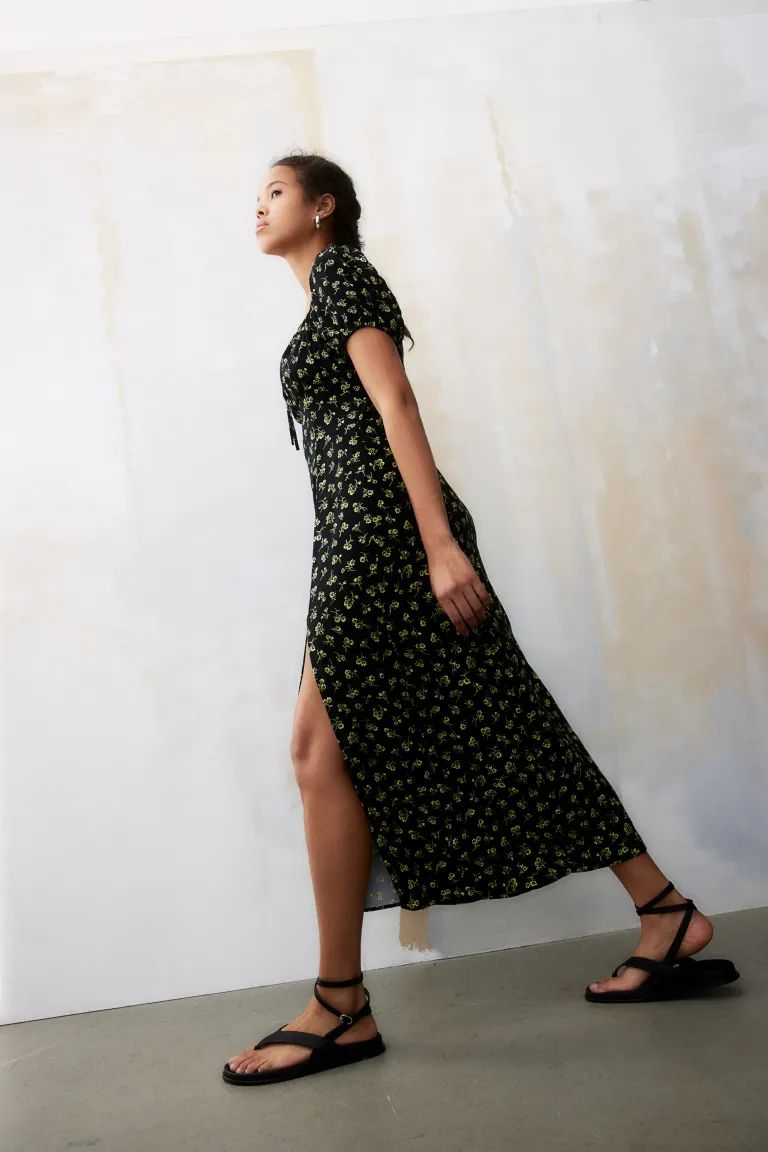 Puff-sleeved Midi Dress - Black/floral - Ladies | H&M US | H&M (US + CA)