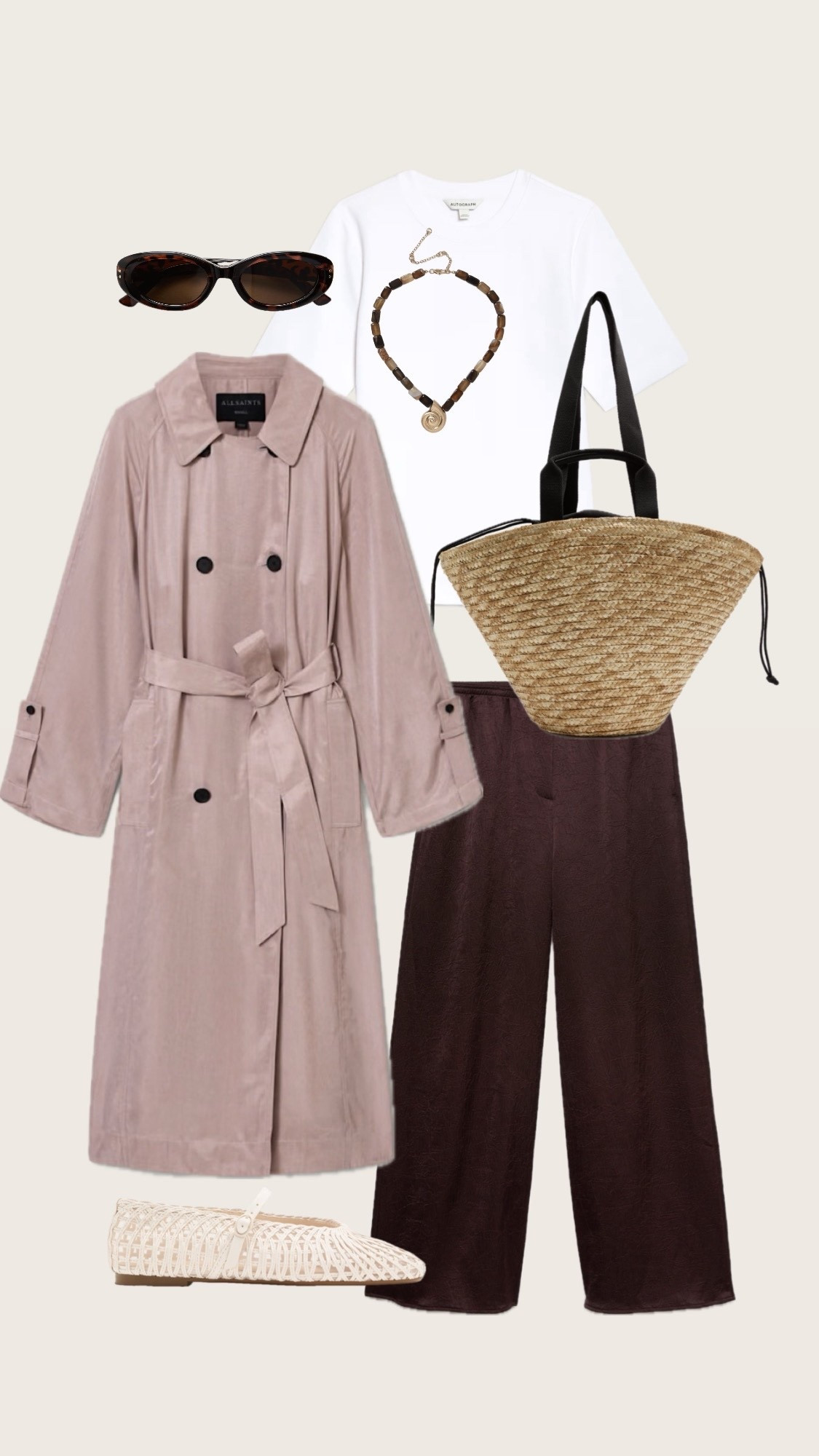 Spring Trench outfit. An easy look to recreate for everyday. 
Pink Trench Coat
Brown Wide Leg Trousers
Essential White Tee
Woven Shoes
Basket Bag  

#LTKstyletip #LTKspring #LTKover50style