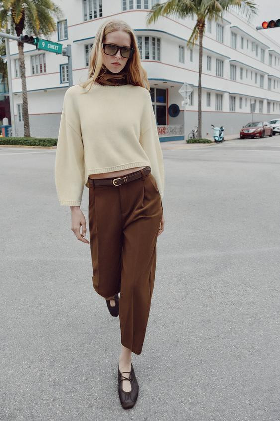 CROPPED TROUSERS WITH DARTS AND BELT | Zara UK
