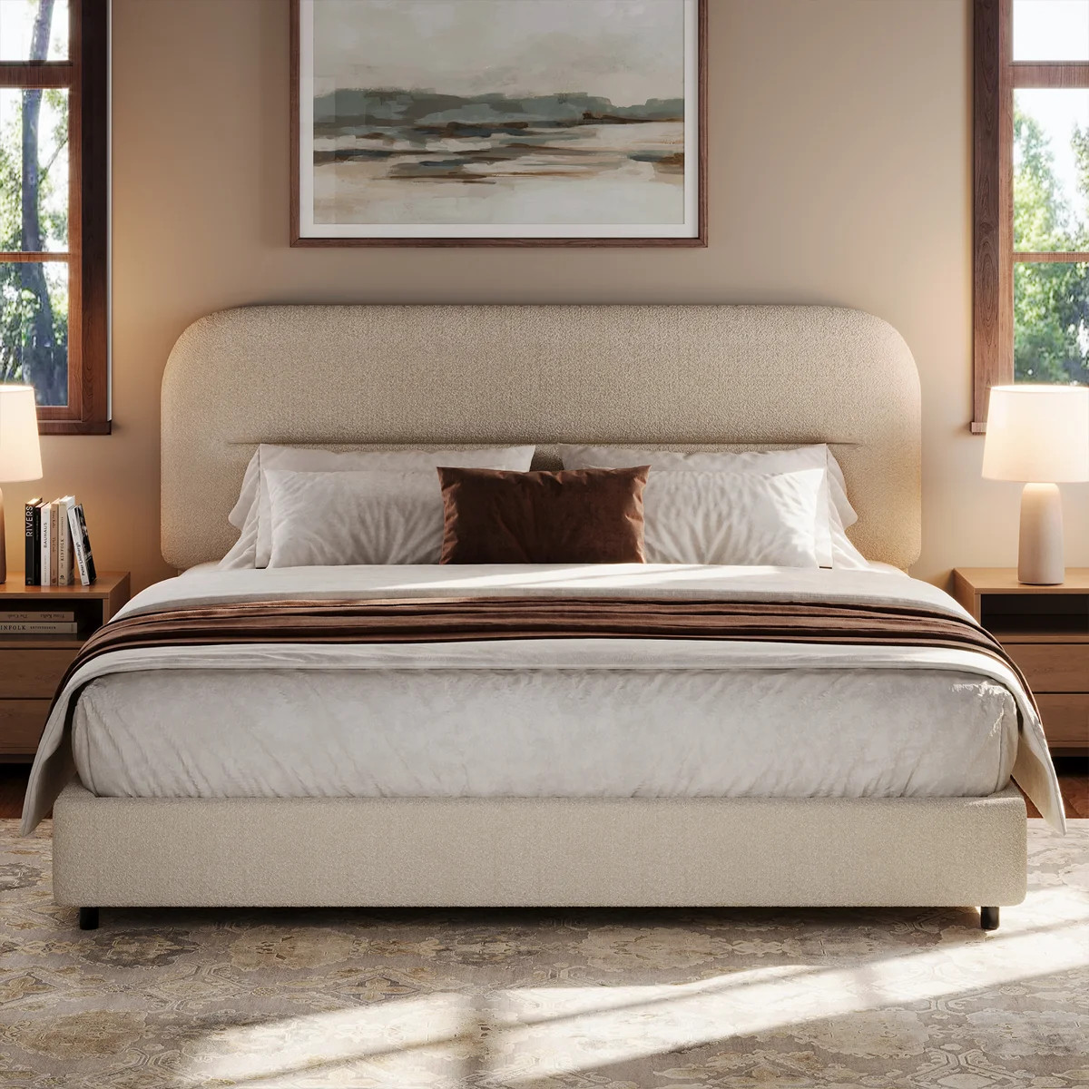 Bensu Platform Bed Frame, Cloud Collection with Boucle Upholstery & Rounded Headboard, Thickened ... | Wayfair North America