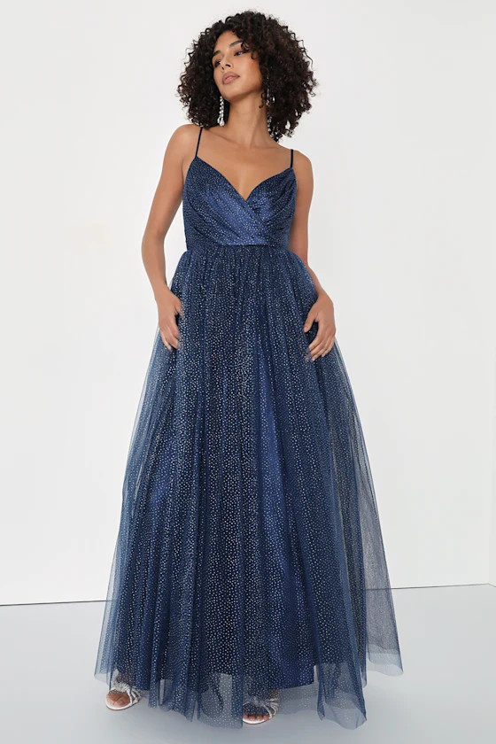 Spellbinding Beauty Navy Glitter Sleeveless Tulle Gown | Lulus