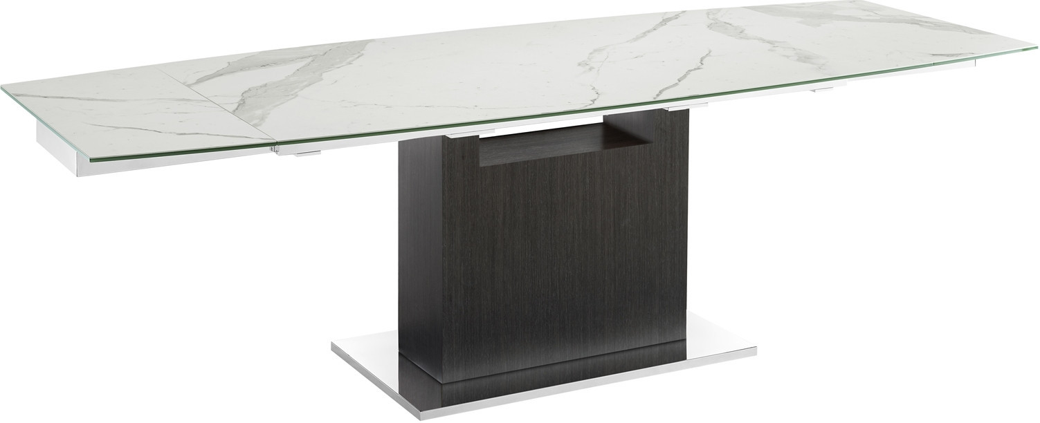 Olivia Dining Table In White Marbled Porcelain Top On Glass With Dark Gray Oak Base | 1stopbedrooms