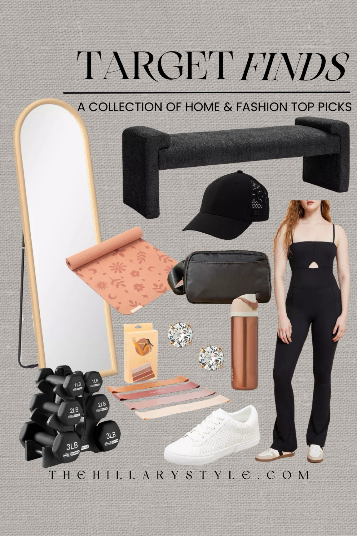 Target Finds: a collection of home and fashion top picks from Target. New year goal essentials from Target—active jumpsuit, sneakers, sweat resistant hat, belt bag, stud earrings, Owala water bottle, floor length mirror, bench, dumbbell set, resistance bands, yoga mat, Blogilates, Target new arrivals, at home workout, athleisure. 

#LTKActive #LTKSeasonal #LTKFitness