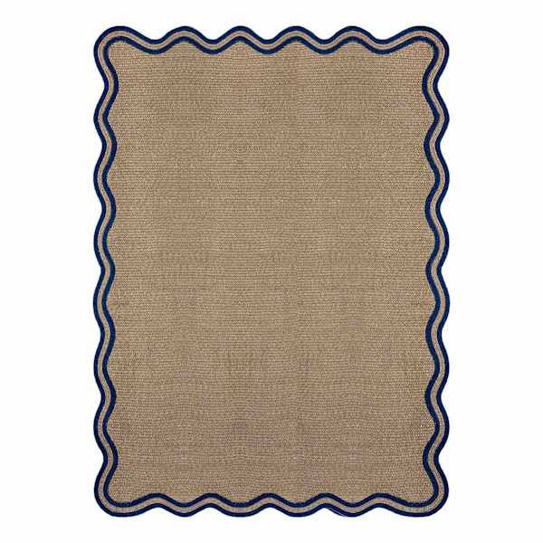 (E563) Scalloped Navy Border Outdoor Area Rug, 5X7, Natural, Polypropylene, sold by At Home | At Home