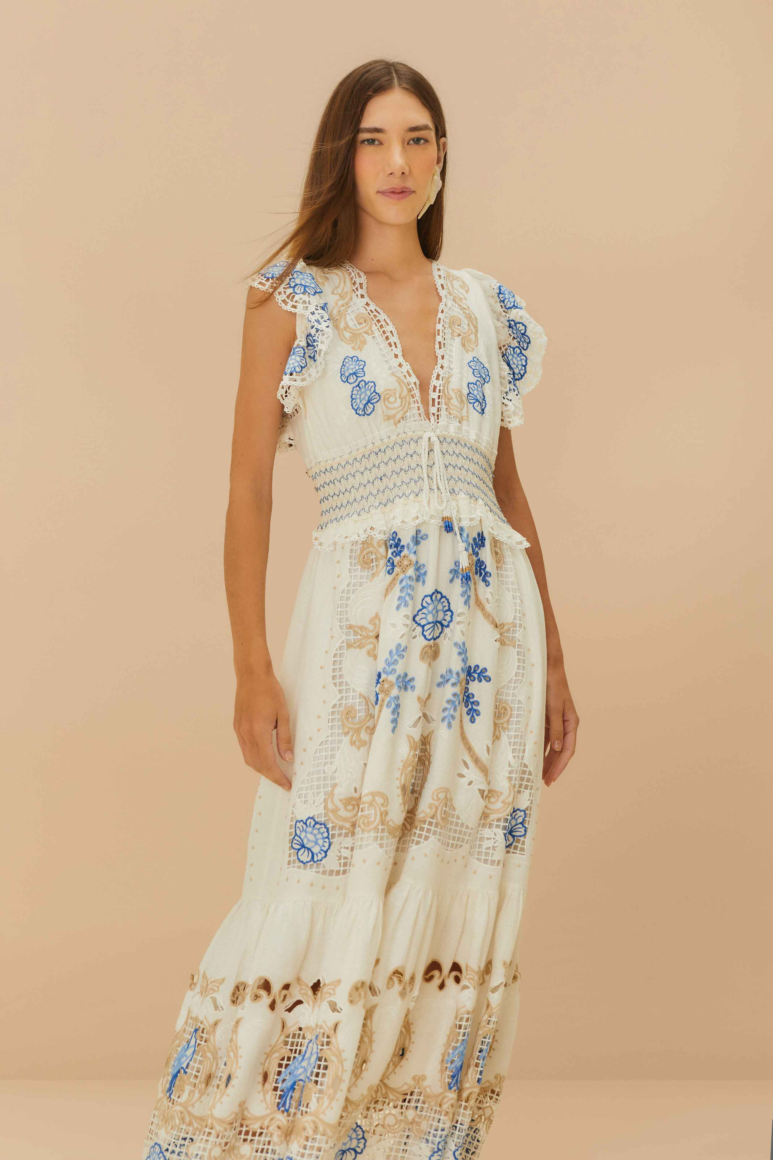 Off-White Romantic Richelieu LENZING™ ECOVERO™ Euroflax™ Maxi Dress | FarmRio (US)