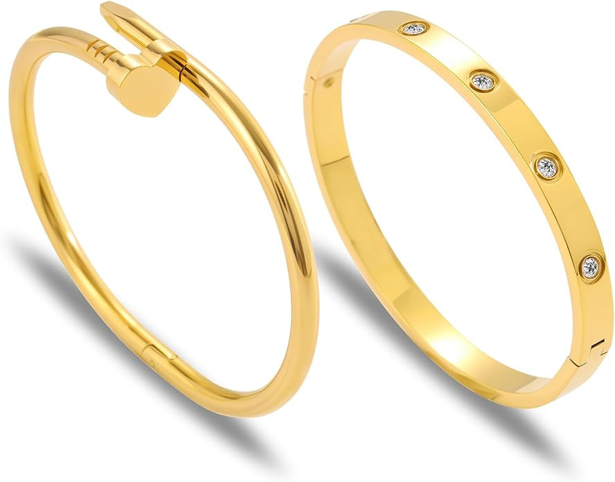 Gold Clover Bracelets for Women - Stackable Stainless Steel Nail Bracelet, Friendship & Love Bang... | Amazon (US)