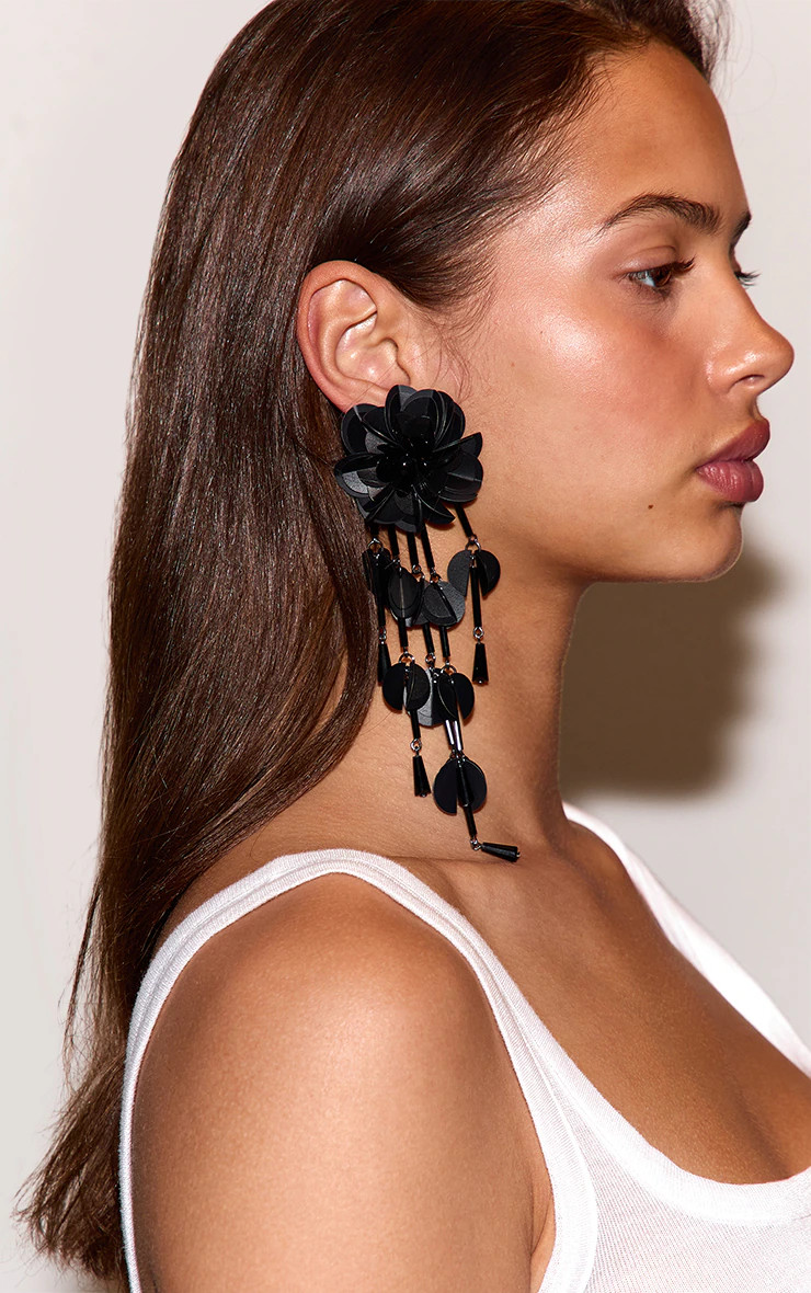 Black Statement Floral Drape Earrings | PrettyLittleThing US