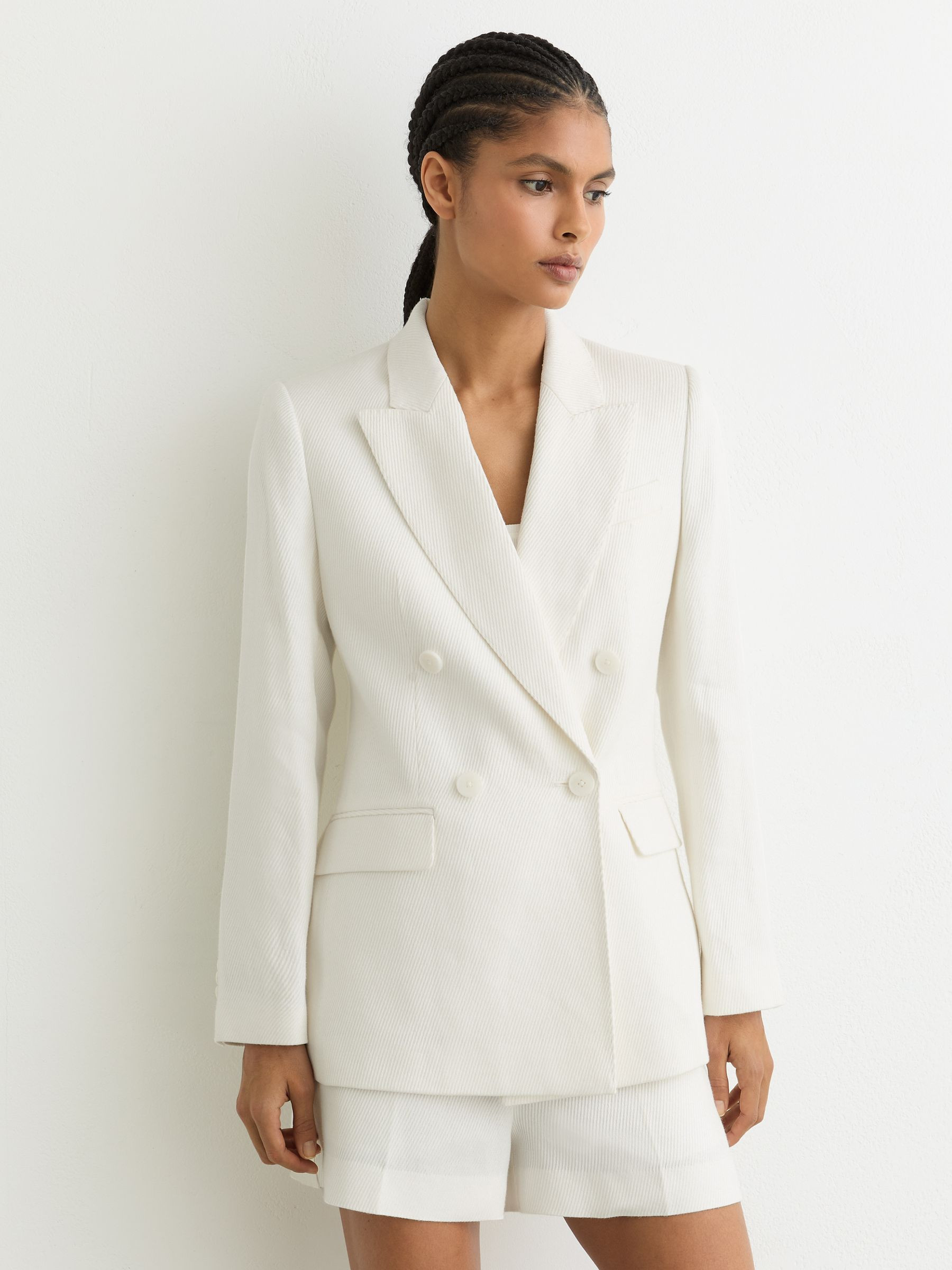 Linen-Blend Double-Breasted Suit Jacket in White | Reiss UK