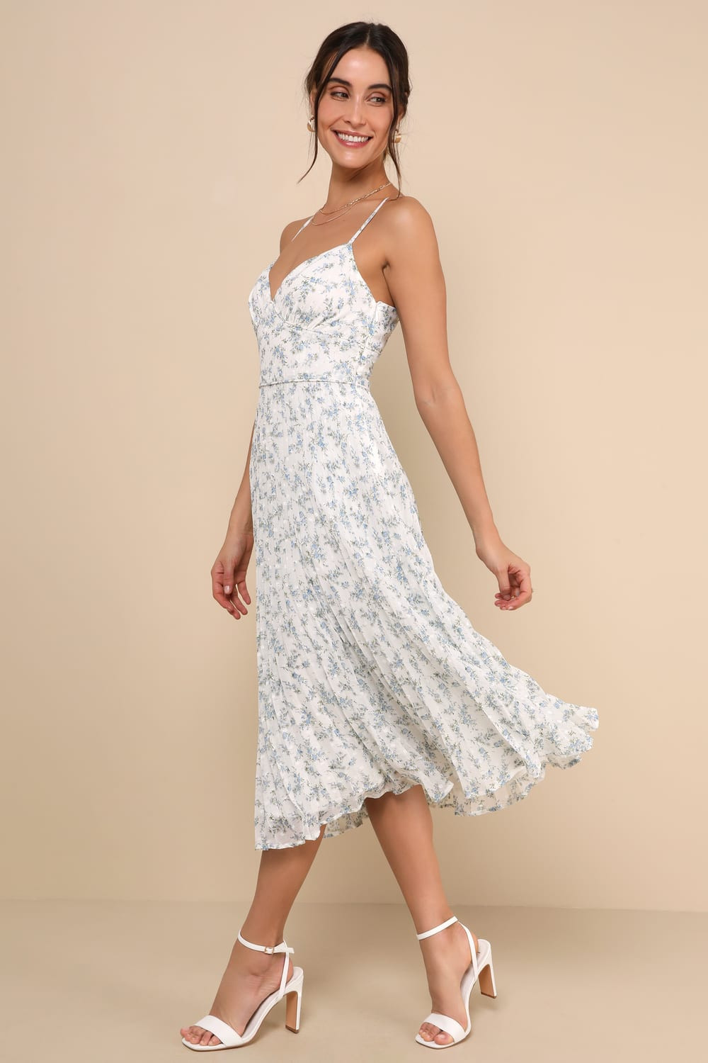 Darling Favorite White Floral Sleeveless Pleated Midi Dress | Lulus