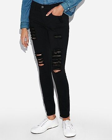 Black Mid Rise Ripped Stretch Jean Leggings | Express
