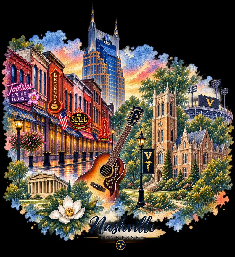 Nashville Tennessee Watercolor PNG | Nashville Skyline Broadway Vanderbilt Art | Music City Subli... | Etsy (Global)