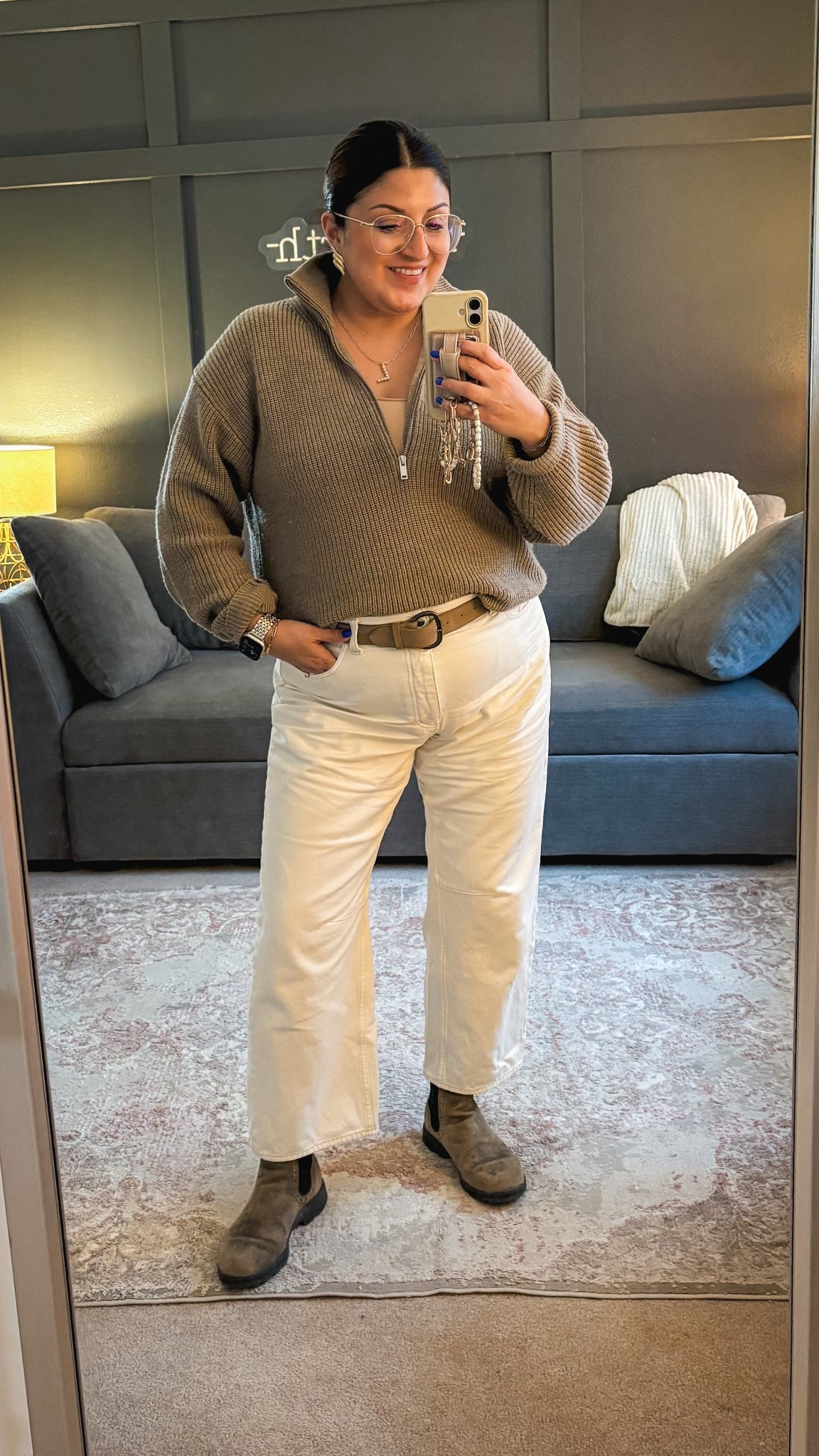 Quince sweater (L)
Banana Republic Factory belt (L)
Madewell barrel jeans (32)
Spanx cami (L) - this exact color is sold out 
Blunstones 


#LTKMidsize #LTKOver40 #LTKootd