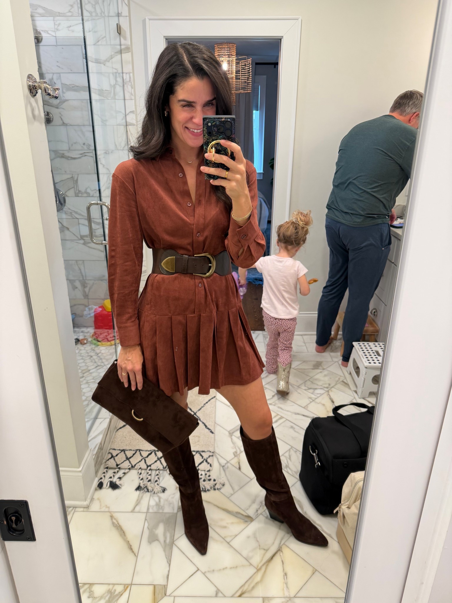 This dress is so much pretty in person than online. Extremely comfortable and flattering! Runs a little big but I’m wearing my usual size small (you could size down but not necessary since it’s meant to be belted).

I’m 5’8” for length reference 

I switched out the fabric belt for an old belt I’ve had since college! But linked similar. 

Linked my favorite shorties to wear under shorter dresses and also my favorite bra for other ladies in the IBTC.

This bag is so nice for the price! It randomly comes in to stock again so keep checking if you love it. 

My boots are one of my fav buys this season. Easily dressed up or down. Great staple piece and comfortable. Run TTS. 