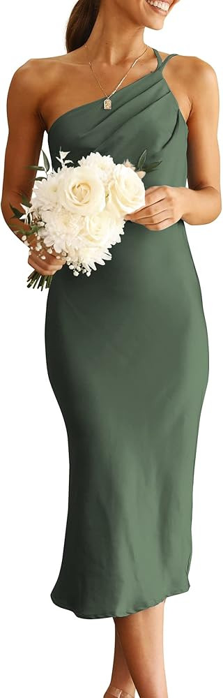 PRETTYGARDEN Women's Midi Satin Dress One Shoulder Spaghetti Strap Backless Ruched Summer Bodycon... | Amazon (US)