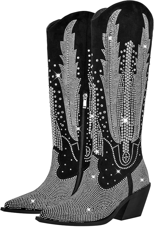 Knee High Cowboy Boots for Women Cowgirl Western Boots Rhinestone Bling Pointed Toe Chunky Heel P... | Amazon (US)